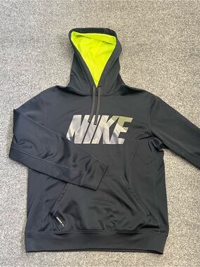Nike Men’s Therma-Fit Black Hoodie with Neon Yellow Hood Lining, Medium